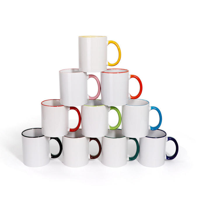 Blank Sublimation Heat Transfer Coffee Mug with Colored Rim and Handle